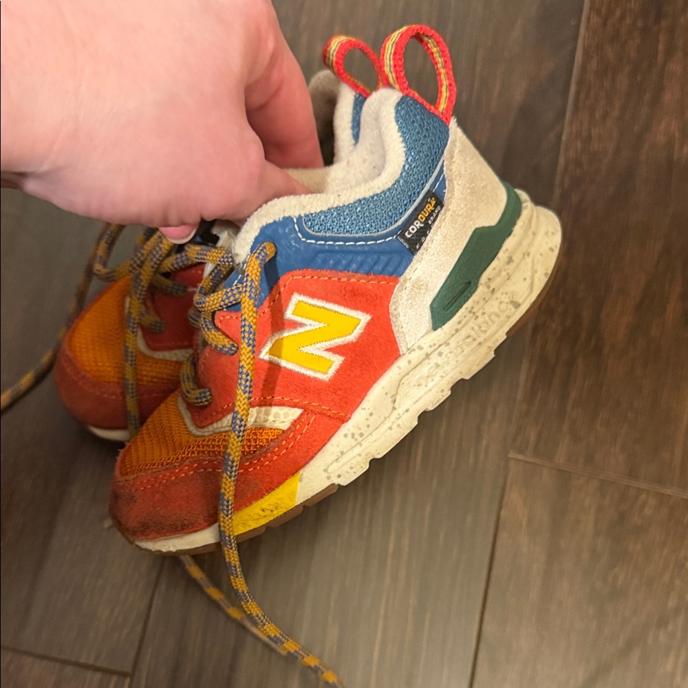 New Balance Kids Orange & Red Suede Mesh Sneakers with Blue Accents - Picture 8 of 8